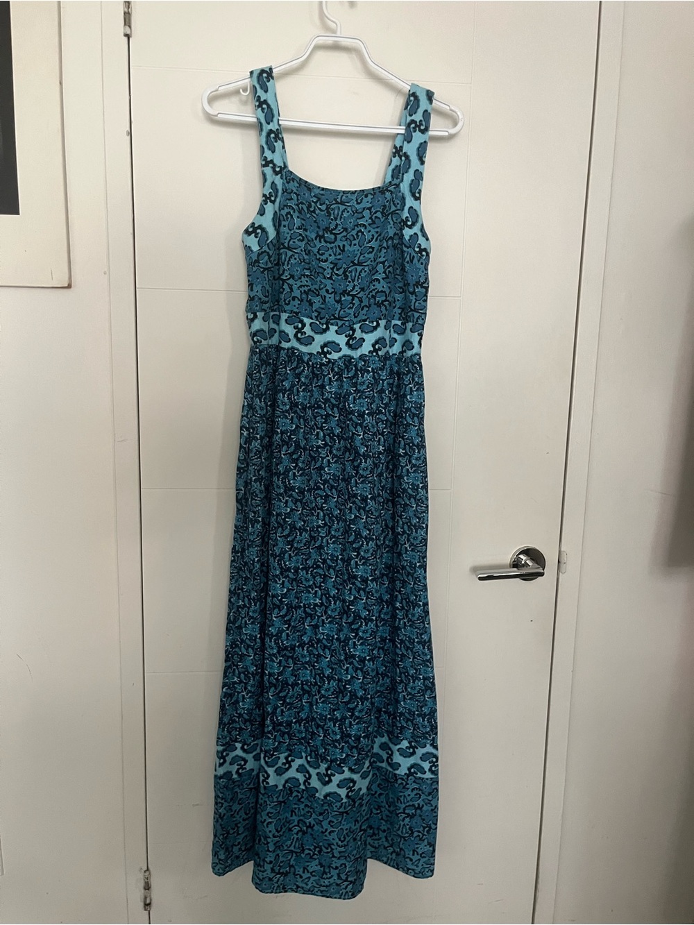 Linen Blend Blue Patterned Maxi Beach Dress with Wide Straps